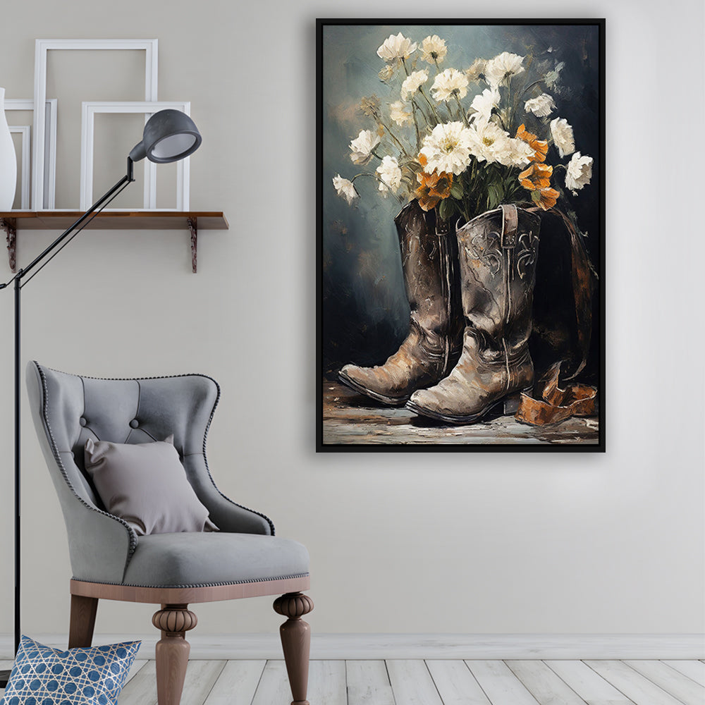 Cowboy Boots Flowers Still Life Art Print Vintage Country Antique Art, Framed Canvas Print Wall Art, Floating Frame