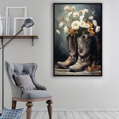 Cowboy Boots Flowers Still Life Art Print Vintage Country Antique Art, Framed Canvas Print Wall Art, Floating Frame