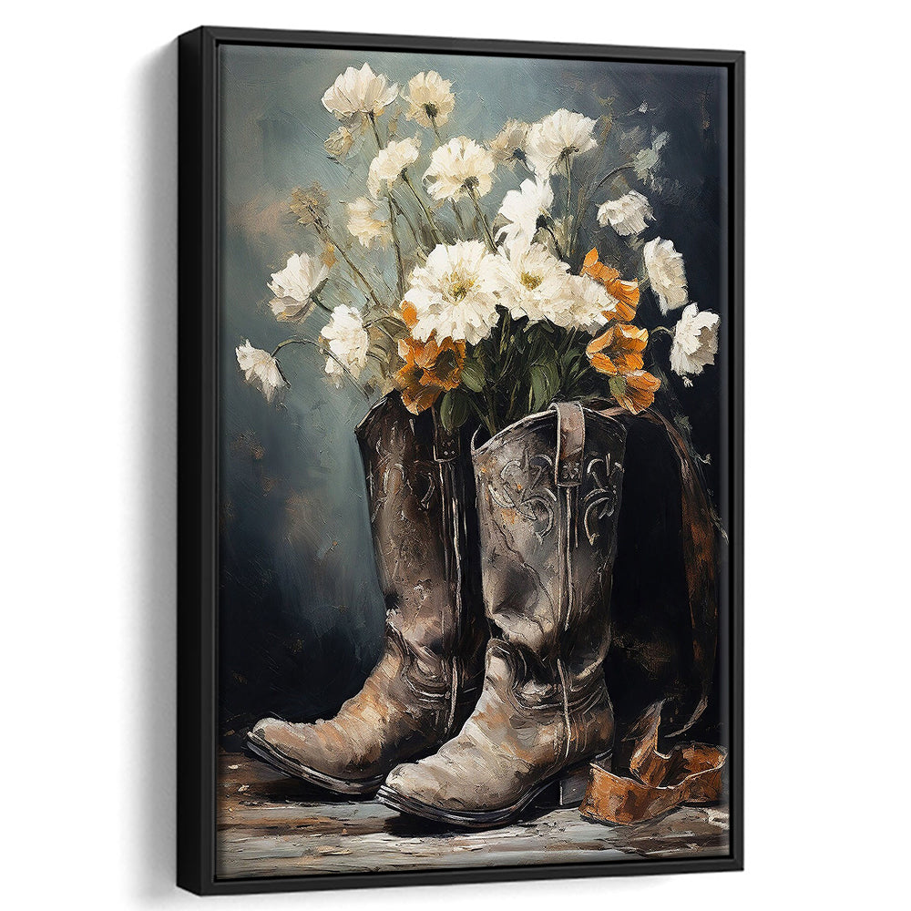 Cowboy Boots Flowers Still Life Art Print Vintage Country Antique Art, Framed Canvas Print Wall Art, Floating Frame