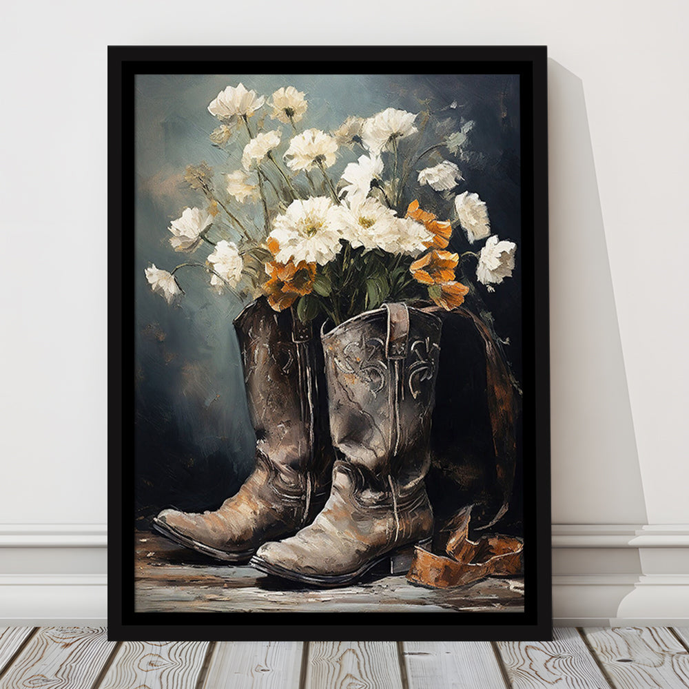 Cowboy Boots Flowers Still Life Art Print Vintage Country Antique Art, Framed Canvas Print Wall Art, Floating Frame