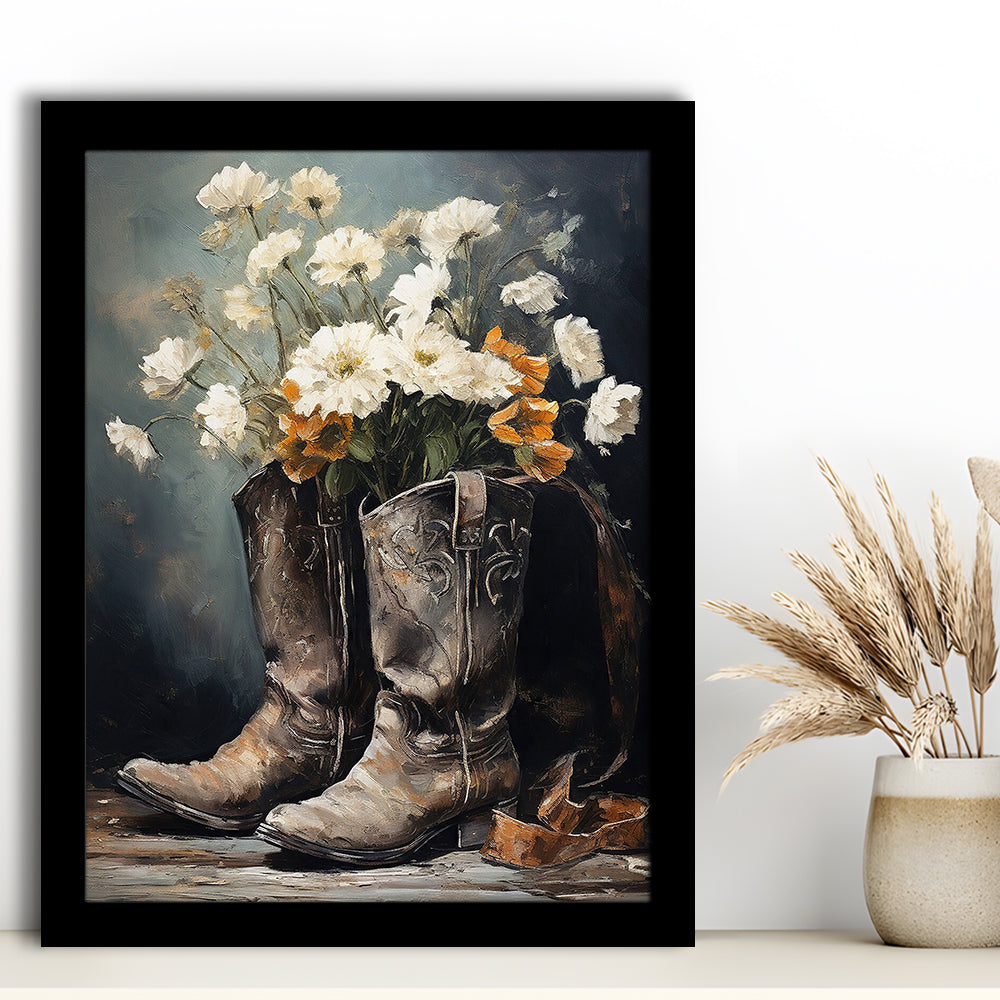 Cowboy Boots Flowers Still Life Art Print Vintage Country Antique Art, Framed Art Print Wall Decor, Picture Framed
