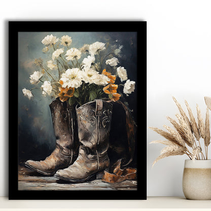 Cowboy Boots Flowers Still Life Art Print Vintage Country Antique Art, Framed Art Print Wall Decor, Picture Framed