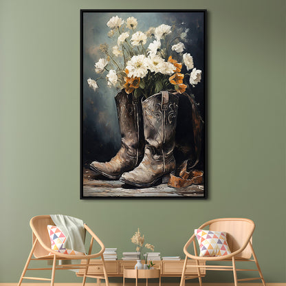 Cowboy Boots Flowers Still Life Art Print Vintage Country Antique Art, Framed Canvas Print Wall Art, Floating Frame