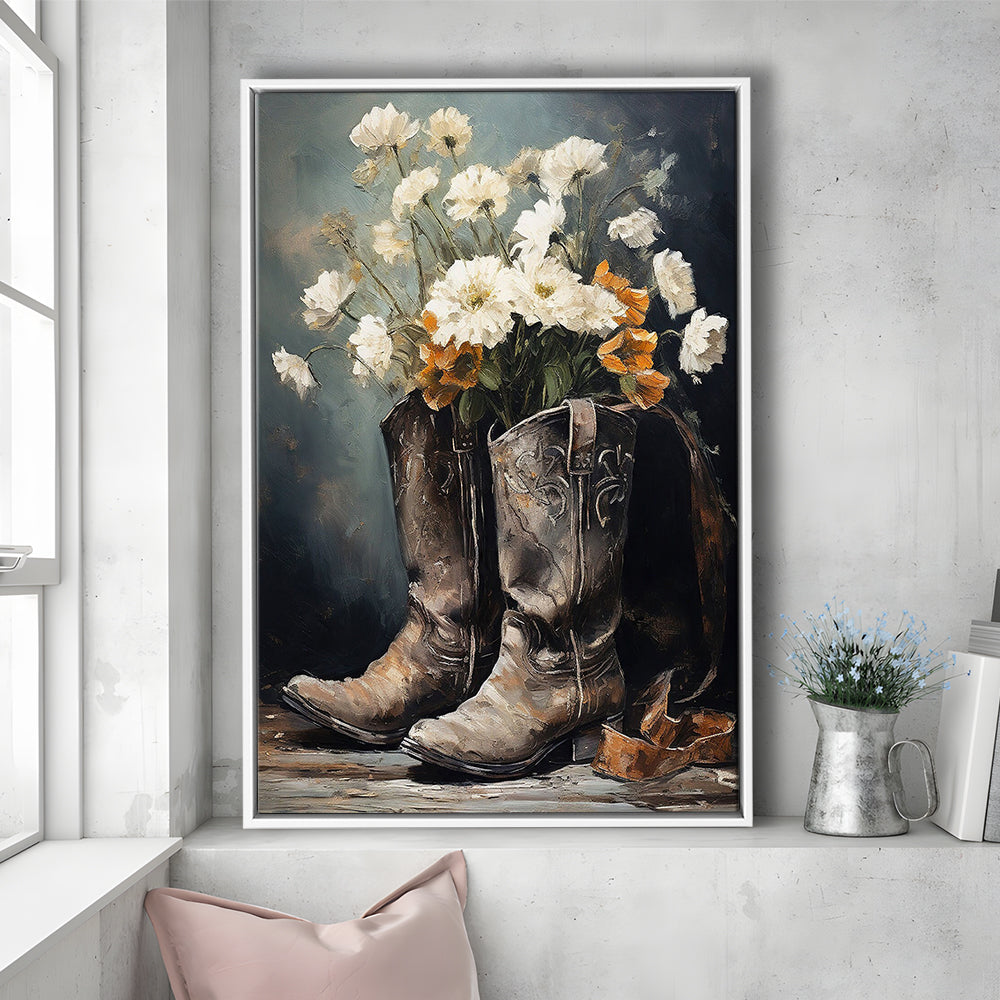 Cowboy Boots Flowers Still Life Art Print Vintage Country Antique Art, Framed Canvas Print Wall Art, Floating Frame