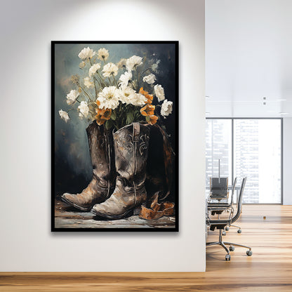 Cowboy Boots Flowers Still Life Art Print Vintage Country Antique Art, Framed Art Print Wall Decor, Picture Framed