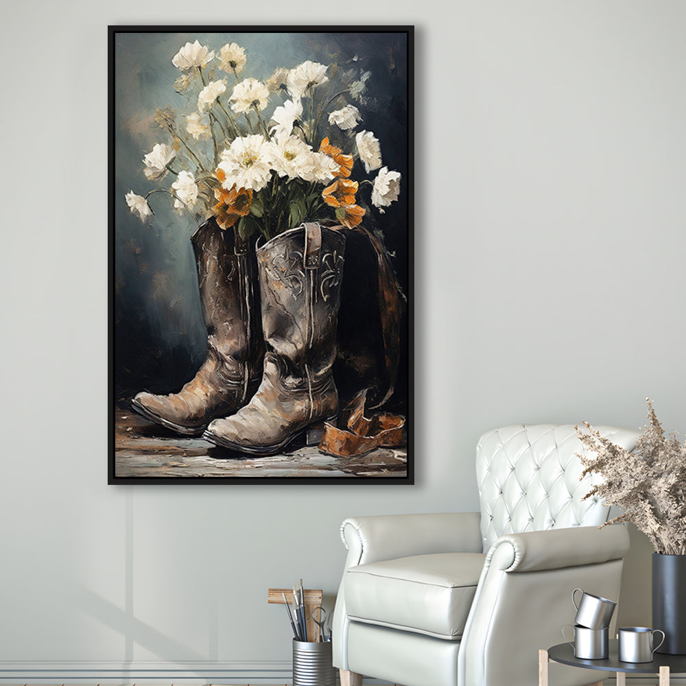 Cowboy Boots Flowers Still Life Art Print Vintage Country Antique Art, Framed Canvas Print Wall Art, Floating Frame