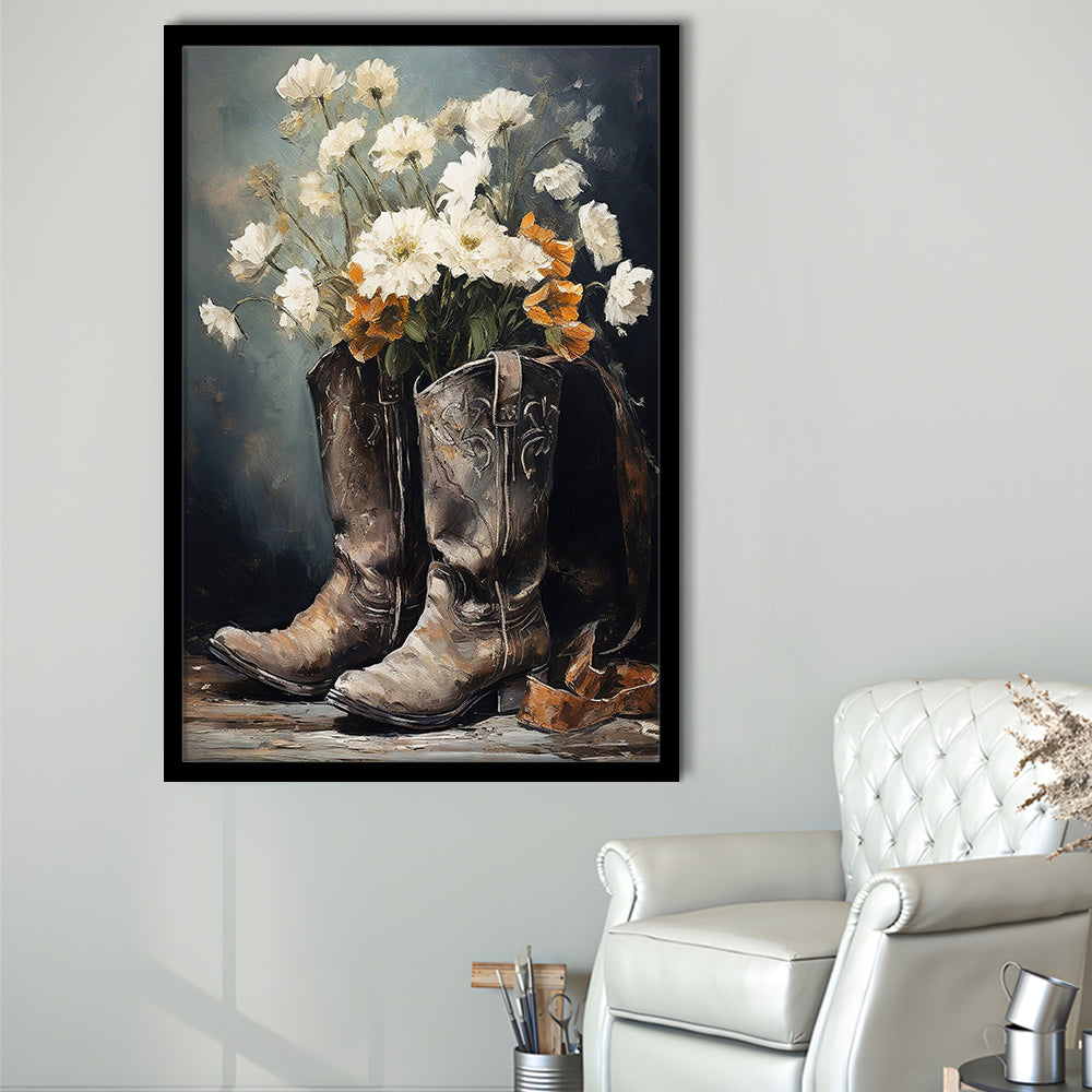 Cowboy Boots Flowers Still Life Art Print Vintage Country Antique Art, Framed Art Print Wall Decor, Picture Framed