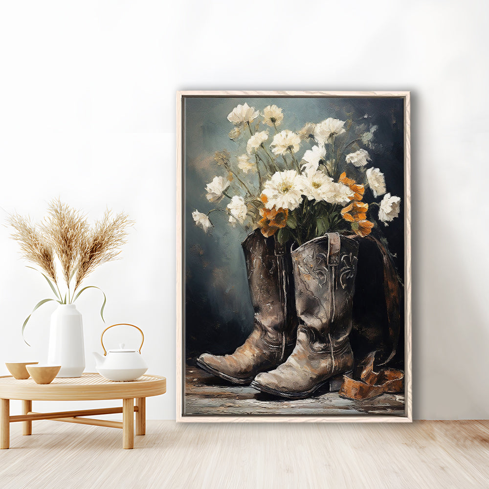 Cowboy Boots Flowers Still Life Art Print Vintage Country Antique Art, Framed Canvas Print Wall Art, Floating Frame