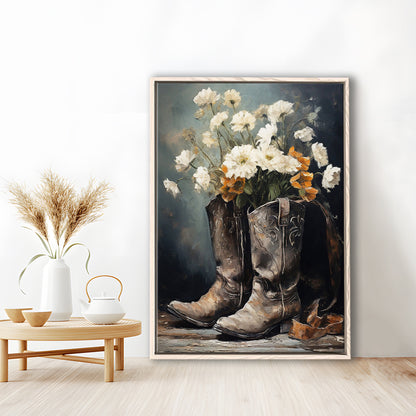Cowboy Boots Flowers Still Life Art Print Vintage Country Antique Art, Framed Canvas Print Wall Art, Floating Frame