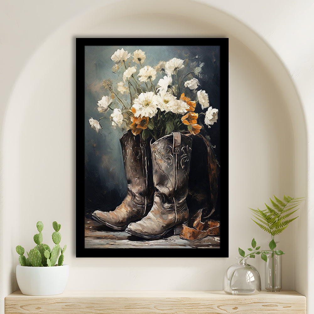 Cowboy Boots Flowers Still Life Art Print Vintage Country Antique Art, Framed Art Print Wall Decor, Picture Framed