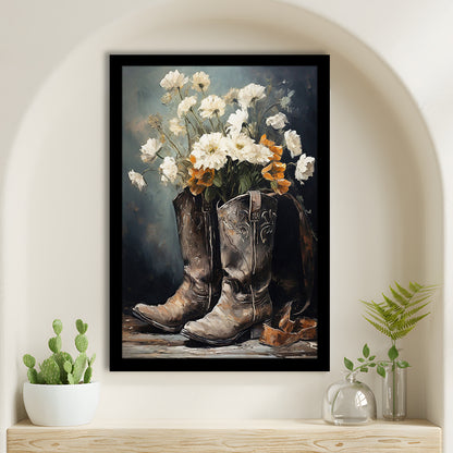 Cowboy Boots Flowers Still Life Art Print Vintage Country Antique Art, Framed Art Print Wall Decor, Picture Framed