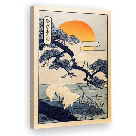 Cranes At Sunrise Japanese, Japanese Vintage Wall Art, Animal Wall Decor, Canvas Print, Canvas Decor