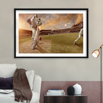 Cricket Ball and Chain, Stadium Canvas, Sport Art, Gift for him, White Border Framed Art Print Wall Decor
