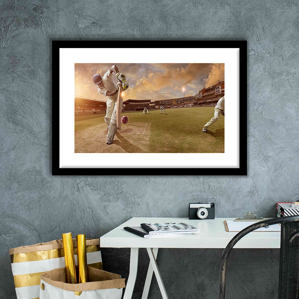 Cricket Ball and Chain, Stadium Canvas, Sport Art, Gift for him, White Border Framed Art Print Wall Decor