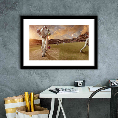 Cricket Ball and Chain, Stadium Canvas, Sport Art, Gift for him, White Border Framed Art Print Wall Decor