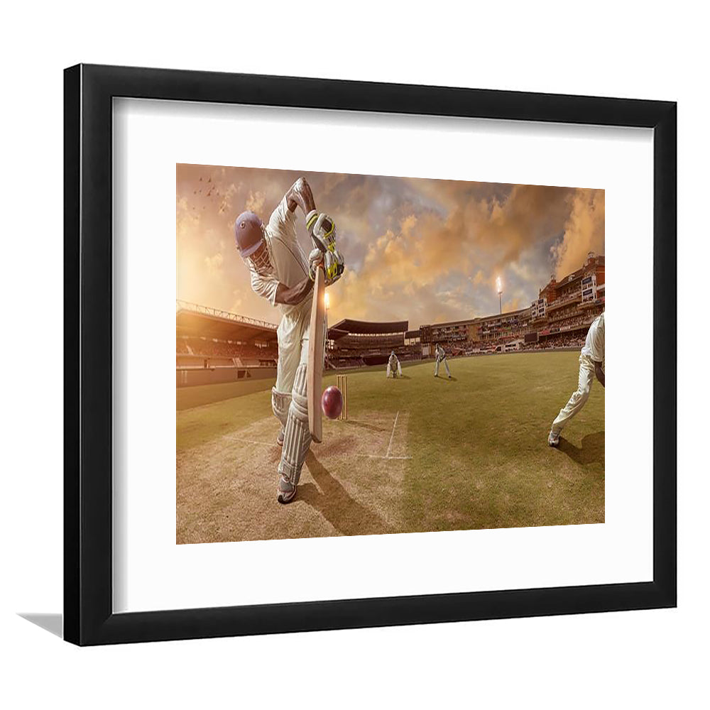 Cricket Ball and Chain, Stadium Canvas, Sport Art, Gift for him, White Border Framed Art Print Wall Decor
