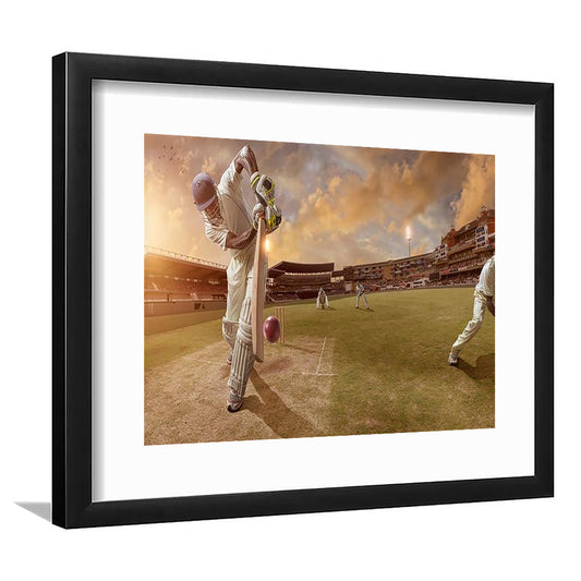 Cricket Ball and Chain, Stadium Canvas, Sport Art, Gift for him, White Border Framed Art Print Wall Decor