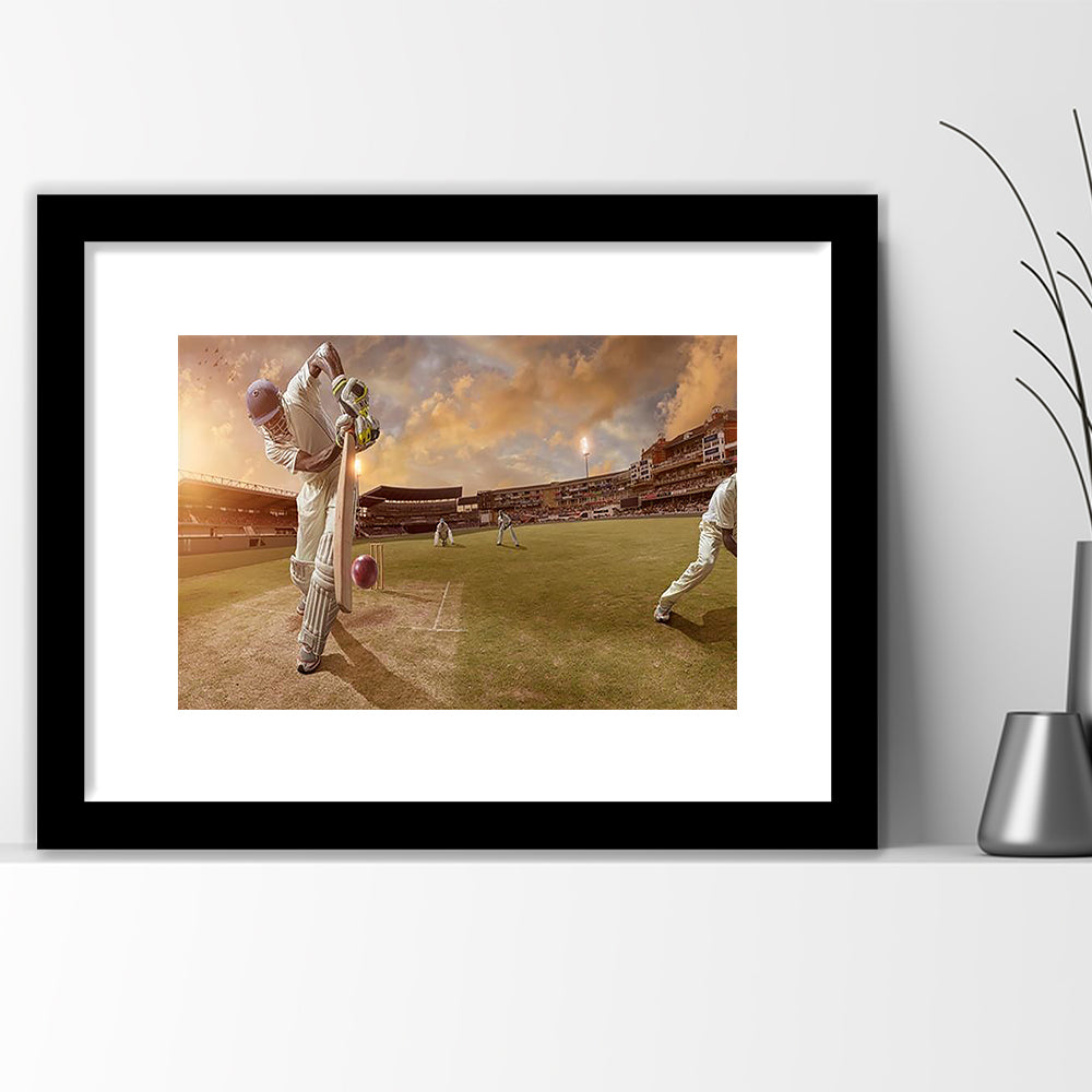 Cricket Ball and Chain, Stadium Canvas, Sport Art, Gift for him, White Border Framed Art Print Wall Decor