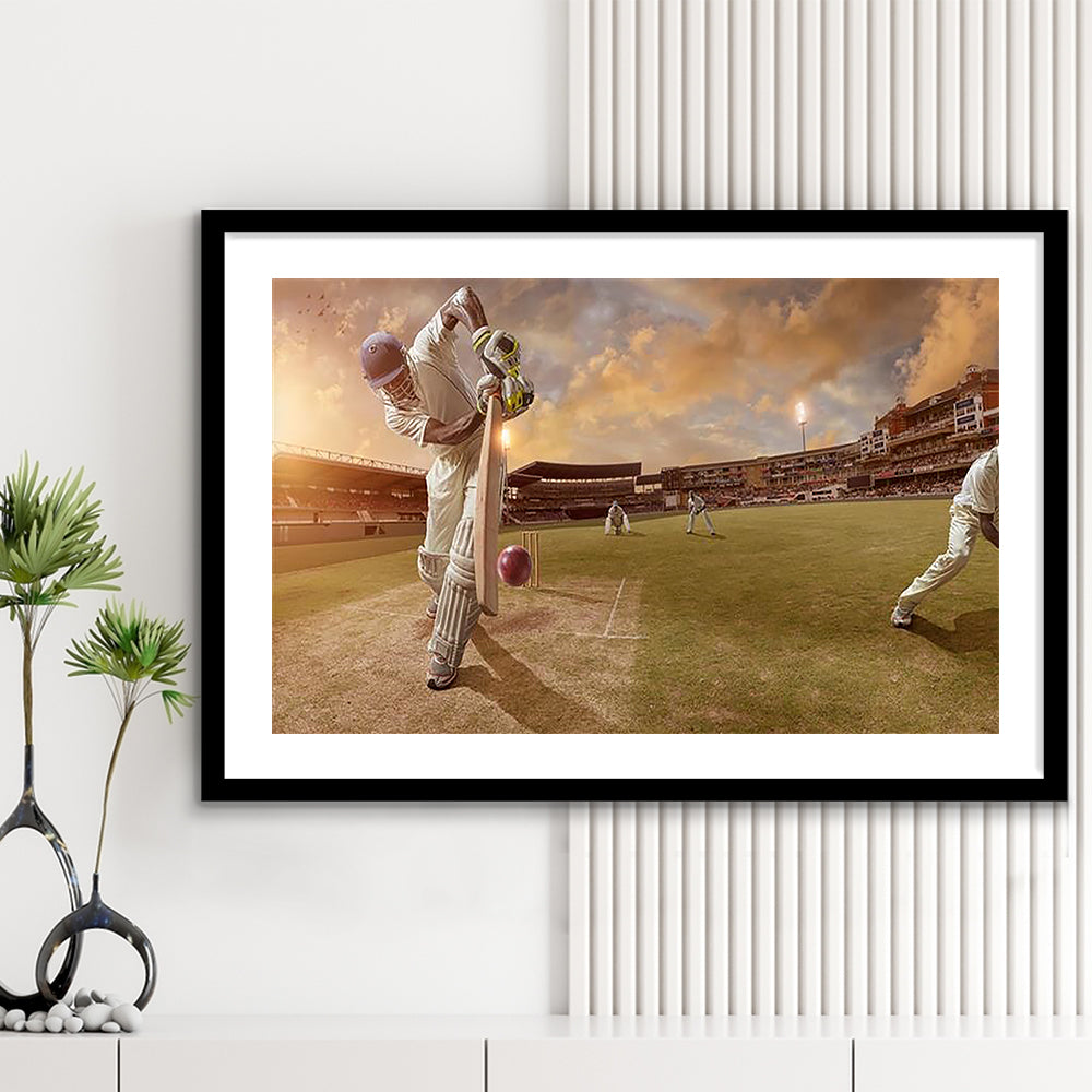Cricket Ball and Chain, Stadium Canvas, Sport Art, Gift for him, White Border Framed Art Print Wall Decor