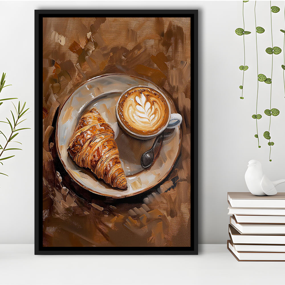 Croissant & Coffee Art Print Kitchen Decor Croissant Trendy, Framed Canvas Print Wall Art, Floating Frame