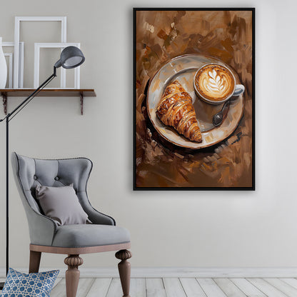 Croissant & Coffee Art Print Kitchen Decor Croissant Trendy, Framed Canvas Print Wall Art, Floating Frame