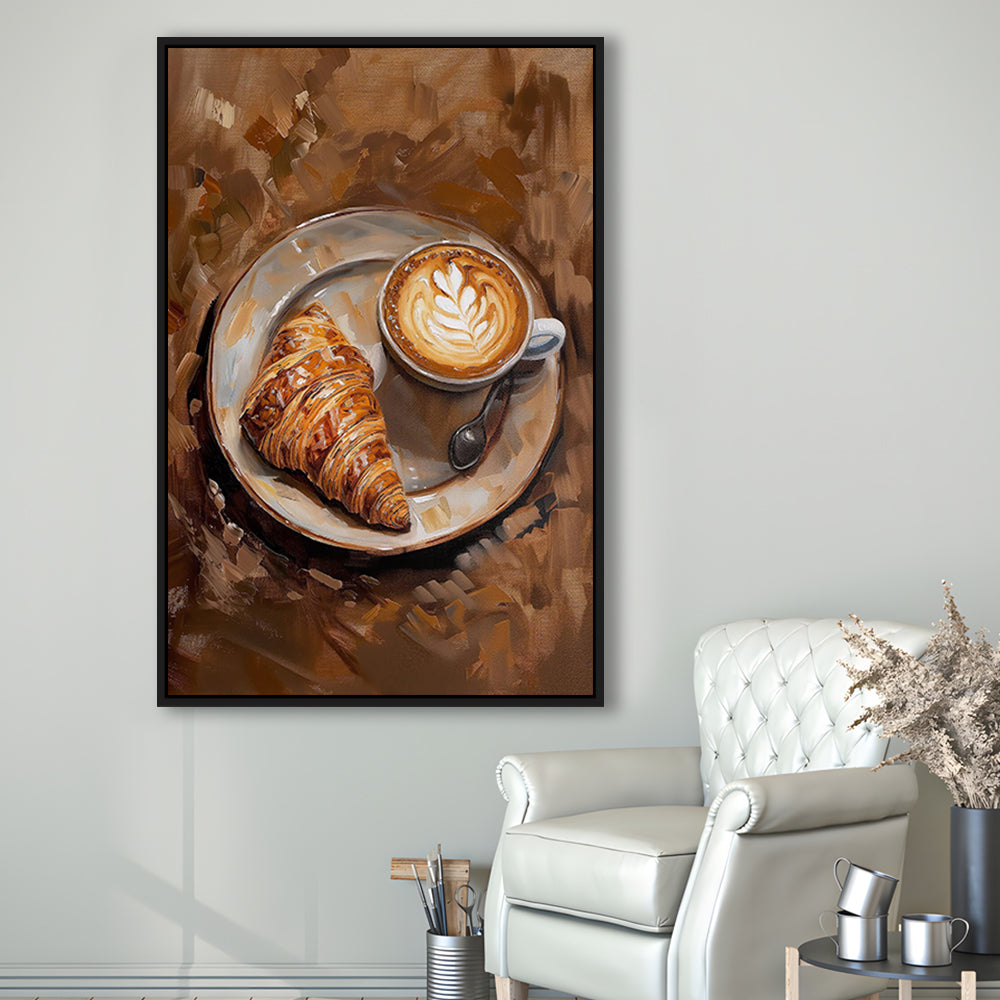 Croissant & Coffee Art Print Kitchen Decor Croissant Trendy, Framed Canvas Print Wall Art, Floating Frame