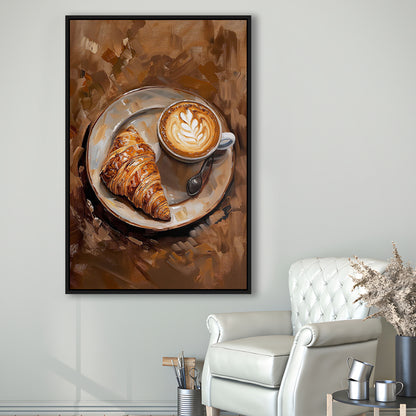 Croissant & Coffee Art Print Kitchen Decor Croissant Trendy, Framed Canvas Print Wall Art, Floating Frame