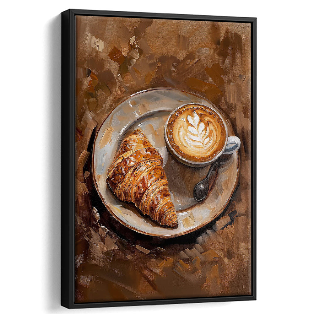 Croissant & Coffee Art Print Kitchen Decor Croissant Trendy, Framed Canvas Print Wall Art, Floating Frame