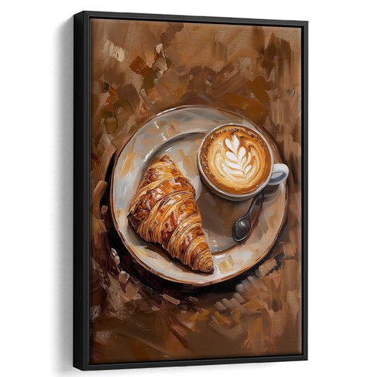 Croissant & Coffee Art Print Kitchen Decor Croissant Trendy, Framed Canvas Print Wall Art, Floating Frame