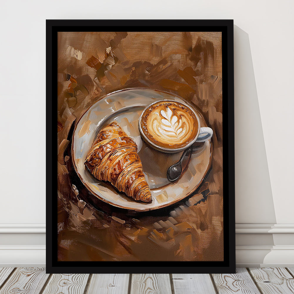 Croissant & Coffee Art Print Kitchen Decor Croissant Trendy, Framed Canvas Print Wall Art, Floating Frame