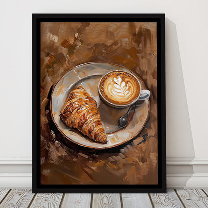 Croissant & Coffee Art Print Kitchen Decor Croissant Trendy, Framed Canvas Print Wall Art, Floating Frame