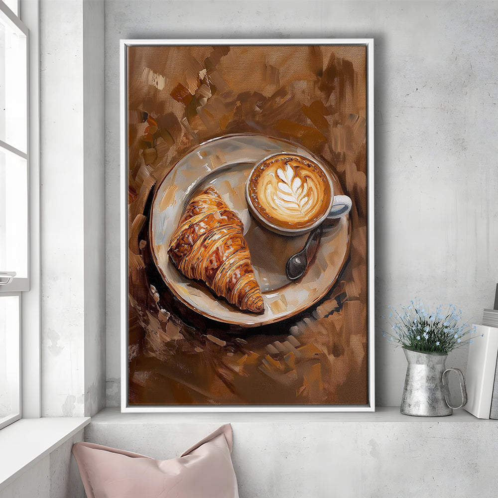 Croissant & Coffee Art Print Kitchen Decor Croissant Trendy, Framed Canvas Print Wall Art, Floating Frame