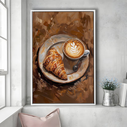 Croissant & Coffee Art Print Kitchen Decor Croissant Trendy, Framed Canvas Print Wall Art, Floating Frame