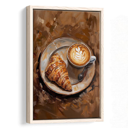 Croissant & Coffee Art Print Kitchen Decor Croissant Trendy, Framed Canvas Print Wall Art, Floating Frame