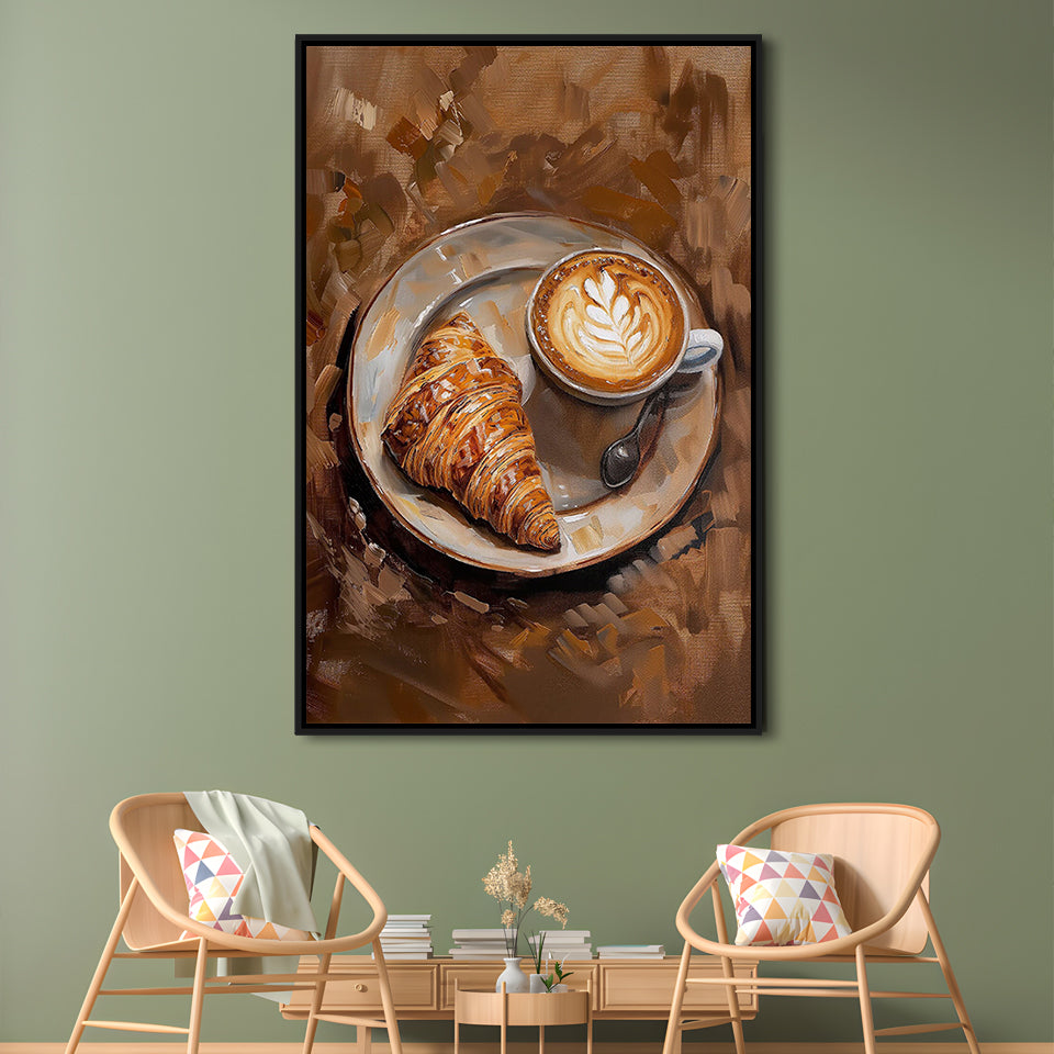 Croissant & Coffee Art Print Kitchen Decor Croissant Trendy, Framed Canvas Print Wall Art, Floating Frame