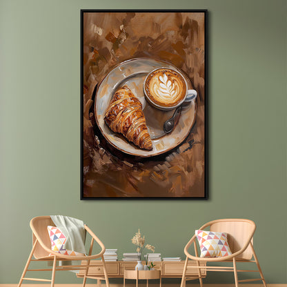 Croissant & Coffee Art Print Kitchen Decor Croissant Trendy, Framed Canvas Print Wall Art, Floating Frame
