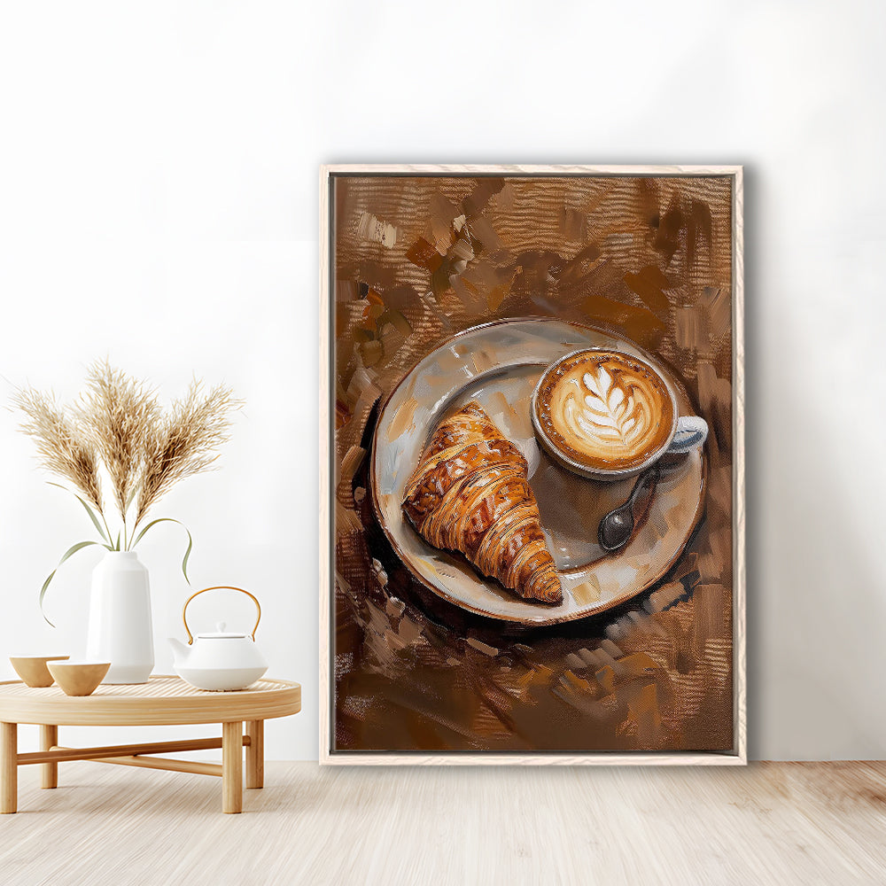 Croissant & Coffee Art Print Kitchen Decor Croissant Trendy, Framed Canvas Print Wall Art, Floating Frame