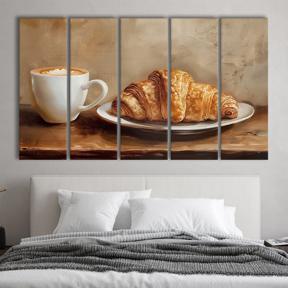 Croissant & Coffee Food Art Print,Wall Art Oil Painting, 5 Panel B Canvas Print Wall Art, Extra Large Canvas
