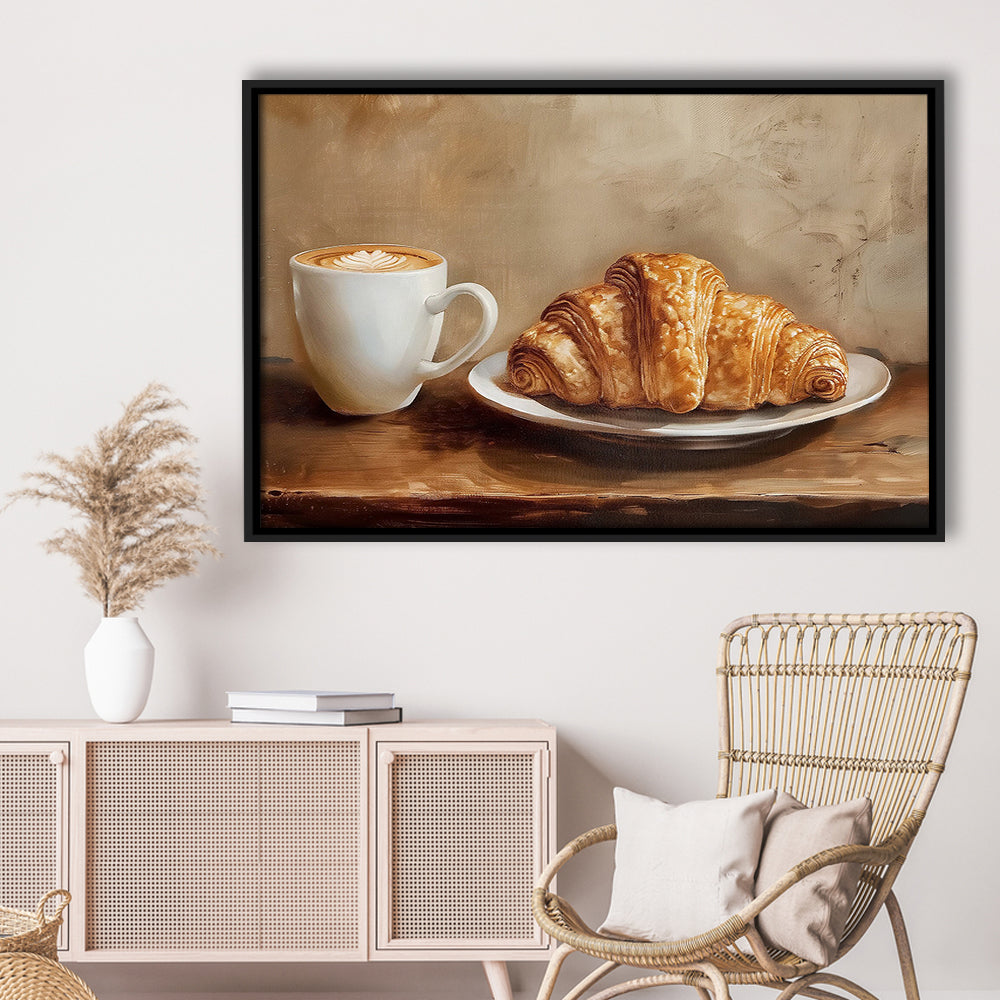 Croissant & Coffee Food Art Print,Wall Art Oil Painting, Framed Canvas Print Wall Art, Floating Frame