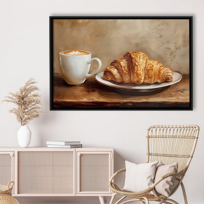 Croissant & Coffee Food Art Print,Wall Art Oil Painting, Framed Canvas Print Wall Art, Floating Frame