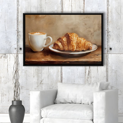 Croissant & Coffee Food Art Print,Wall Art Oil Painting, Framed Canvas Print Wall Art, Floating Frame