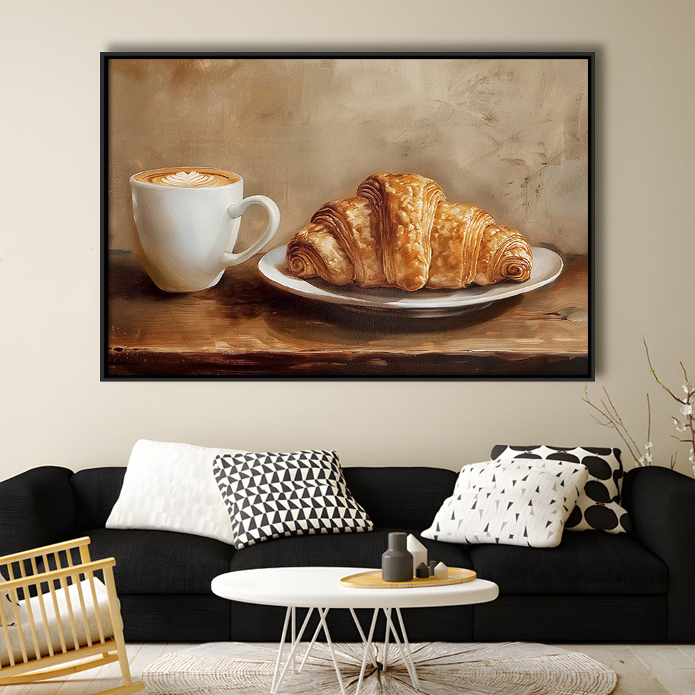 Croissant & Coffee Food Art Print,Wall Art Oil Painting, Framed Canvas Print Wall Art, Floating Frame