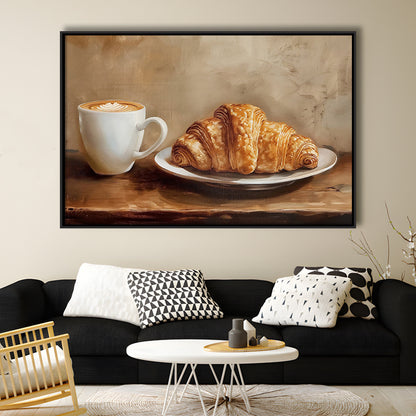 Croissant & Coffee Food Art Print,Wall Art Oil Painting, Framed Canvas Print Wall Art, Floating Frame