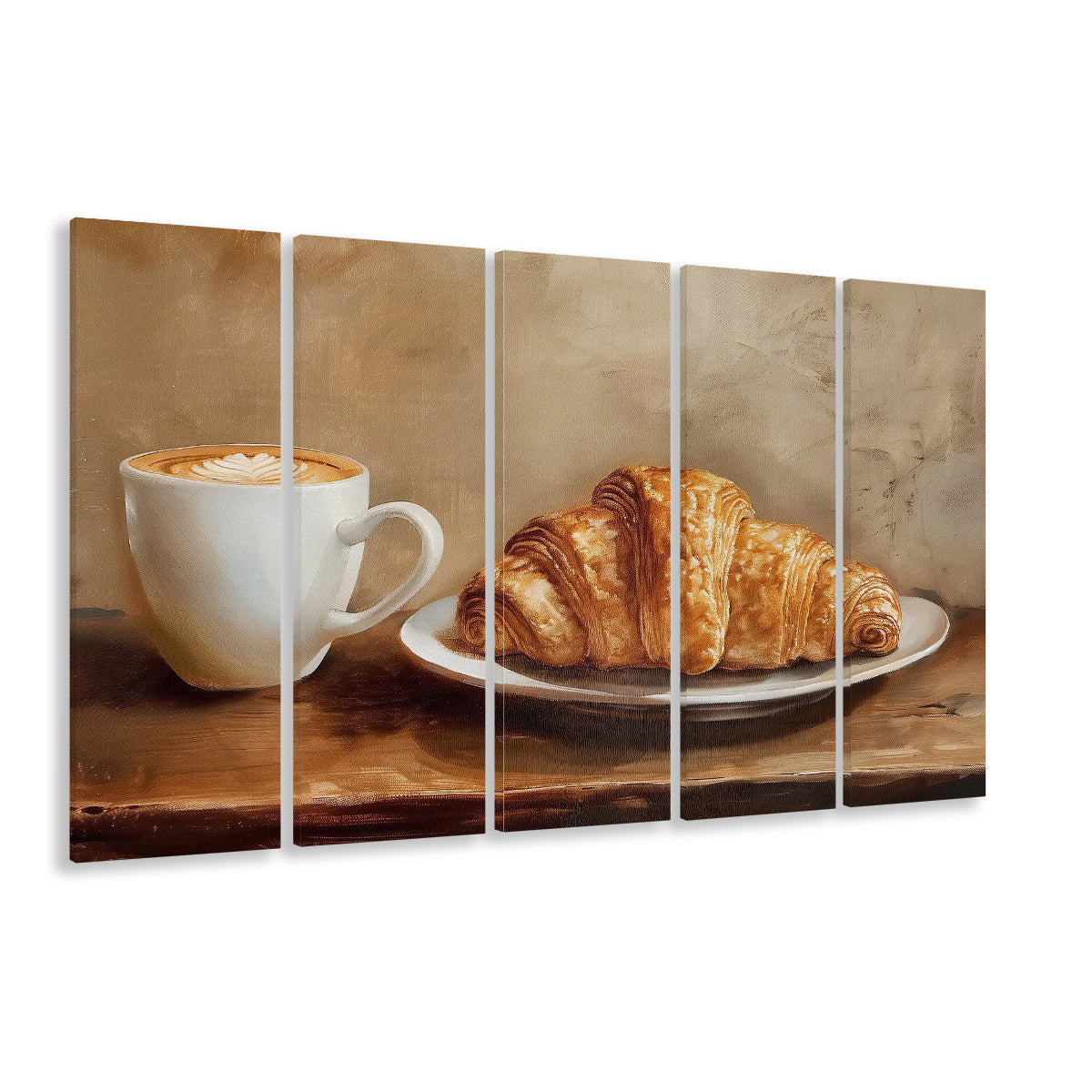 Croissant & Coffee Food Art Print,Wall Art Oil Painting, 5 Panel B Canvas Print Wall Art, Extra Large Canvas