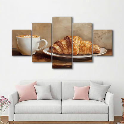 Croissant & Coffee Food Art Print,Wall Art Oil Painting, 5 Panel Mixed Canvas Print Wall Art, Large Canvas