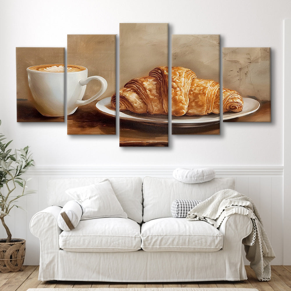 Croissant & Coffee Food Art Print,Wall Art Oil Painting, 5 Panel Mixed Canvas Print Wall Art, Large Canvas