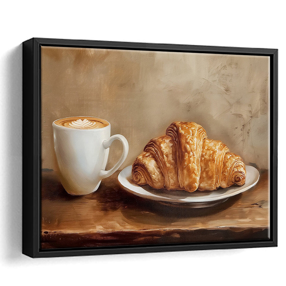 Croissant & Coffee Food Art Print,Wall Art Oil Painting, Framed Canvas Print Wall Art, Floating Frame