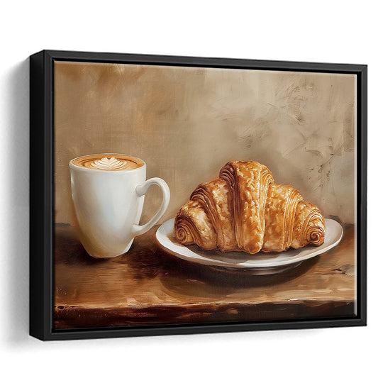 Croissant & Coffee Food Art Print,Wall Art Oil Painting, Framed Canvas Print Wall Art, Floating Frame