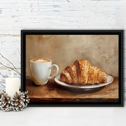 Croissant & Coffee Food Art Print,Wall Art Oil Painting, Framed Canvas Print Wall Art, Floating Frame