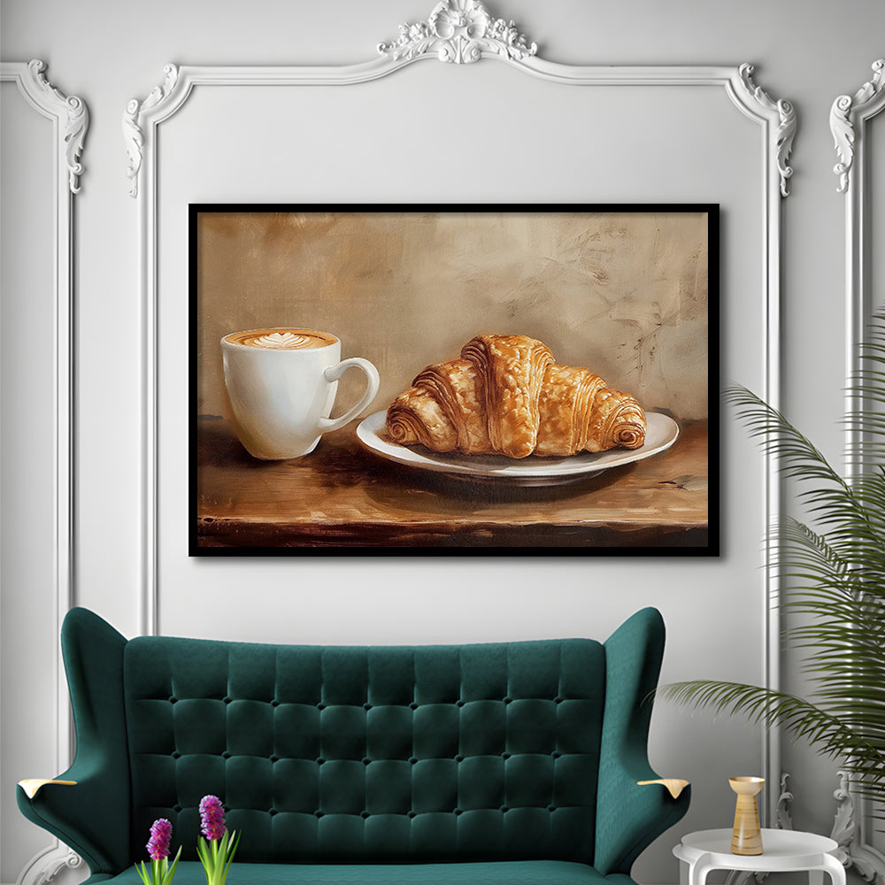 Croissant & Coffee Food Art Print,Wall Art Oil Painting, Framed Art Print Wall Decor, Picture Framed
